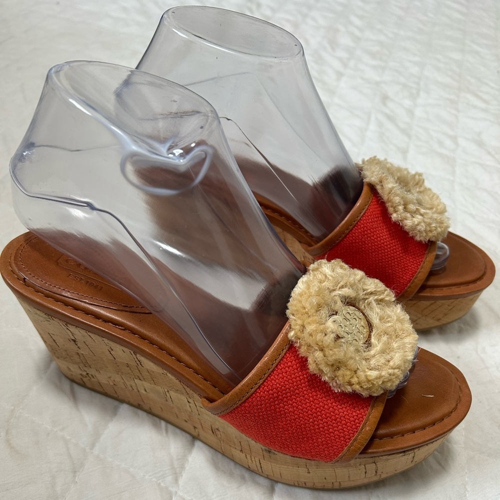 COACH Jazmin Orange Wedge Sandals with Cork Heel 7 1/2 B